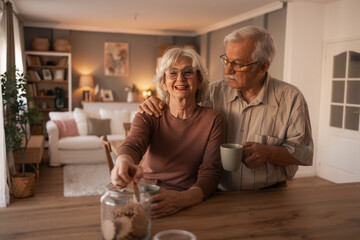 Warm Senior Couple Enjoying Home Kitchen Moment With Cookies And Coffee