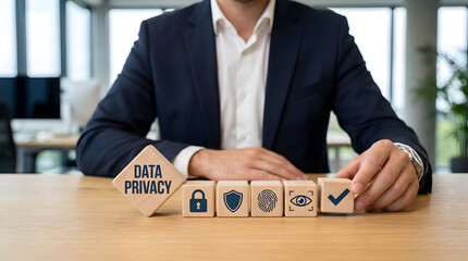 Businessman protecting data privacy with secure blocks