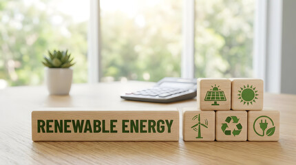 Renewable energy blocks on modern desk with green icons