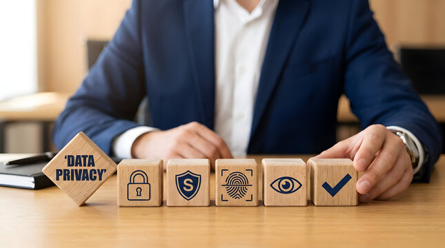 Businessman protecting data privacy with secure wooden blocks