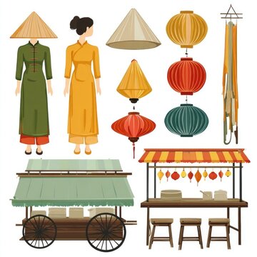Trajes y vestuarios asi&aacute;ticos en gr&aacute;fica minimalista. Vietnam, Laos, Cambodia.
