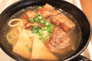 肉とお揚げの具材が入った麺