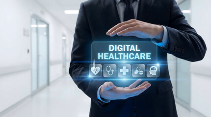 Businessman presenting digital healthcare concept in modern office