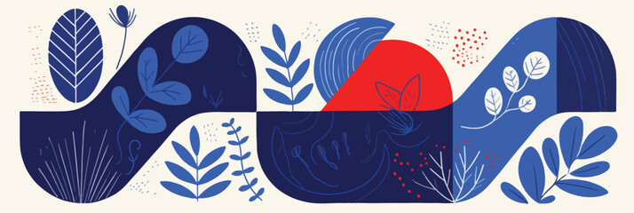 푸른 식물과 붉은 태양이 어우러진 추상적인 패턴 디자인