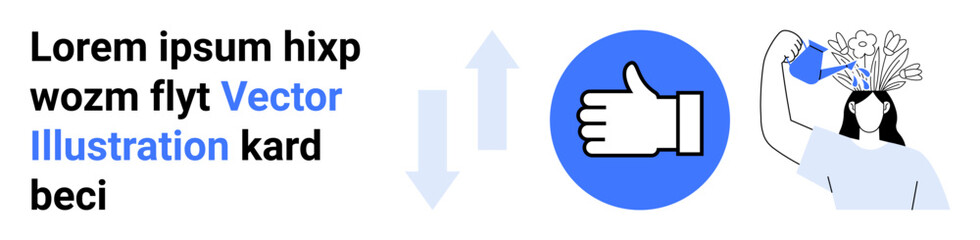 Knowledge growth, positivity, personal development, decision making, human creativity, feedback cycle. Hand gesture with arrows and a person watering a blooming mind. Knowledge growth and positivity