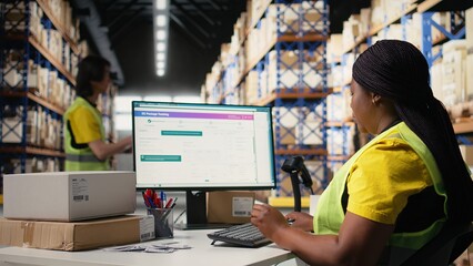 Warehouse supply and demand operations for package tracking, checking shipment details for fast...