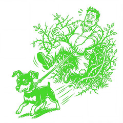 Man gets pulled by dog in a bush at the park in color: chartreuse 2