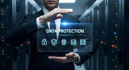 Businessman protecting data with secure technology solutions
