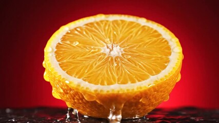 Fresh orange slice water splash refreshing liquid pour on vibrant red background - Powered by Adobe
