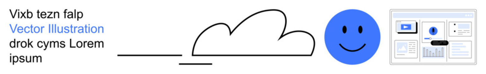 Cloud computing, digital communication, data management, user interface, positivity, technology innovation. Blue smiling face with cloud and digital dashboard. Cloud computing and digital