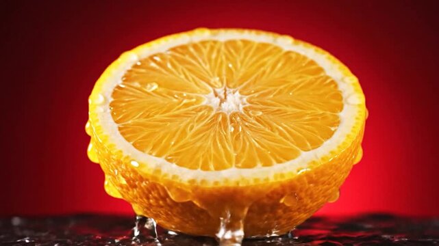 Fresh orange slice water splash refreshing liquid pour on vibrant red background
