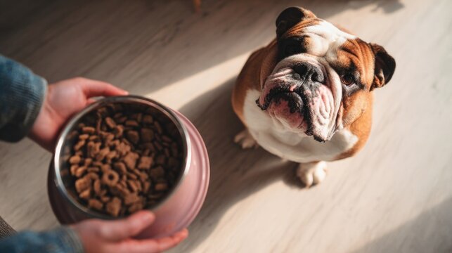Buldog ingles recibiendo su comida de su due&ntilde;o, concepto de salud y alimentaci&oacute;n canina.