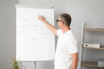 Male teacher writing English grammar on flip chart in classroom