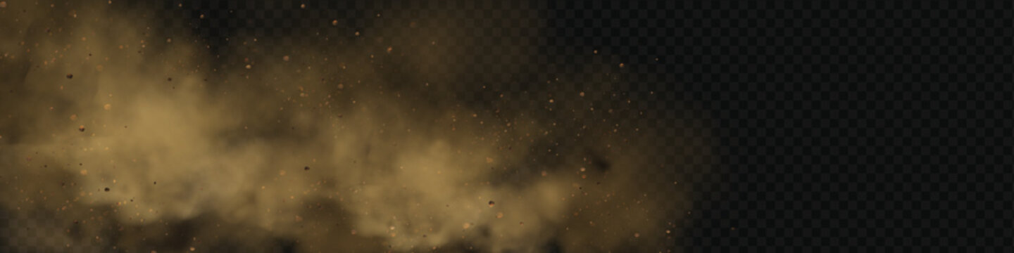 Realistic vector background of sandy smoke clouds and fine dust particles swirling in a desert storm. Brown dune explosion with yellow flying sand, dirt clusters, and textured wind effect.