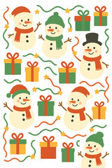 Fototapeta premium A seamless Christmas background featuring adorable snowmen, presents, and tinsel