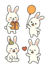 Obraz premium Cute white rabbit vector set featuring an adorable bunny in various poses, gifts, balloons, party hats, and hearts—a collection of animal and New Year party elements for decoration, cards, and kids
