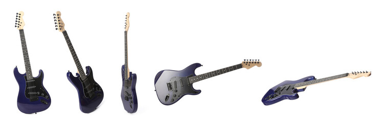 Set of electric guitars on white background