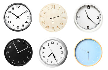 Set of different clocks on white background