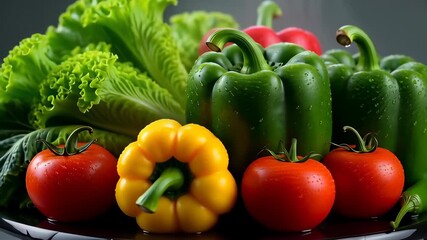 Fresh mixed vegetables with water droplets and rising steam rotating on a black plate, showcasing green bell peppers and red tomatoes for healthy diet concepts