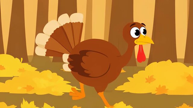 Funny cartoon turkey walking through an autumn forest with yellow leaves in a seamless 2D animation loop, celebrating Thanksgiving holiday concepts.