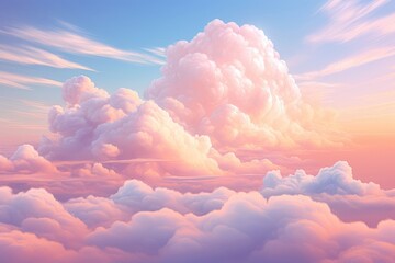 Photo of beautiful sky full of puffy clouds in the sunrise with cotton candy colors. Vibrant aesthetic view of skyscape. Nature background for fantasy art
