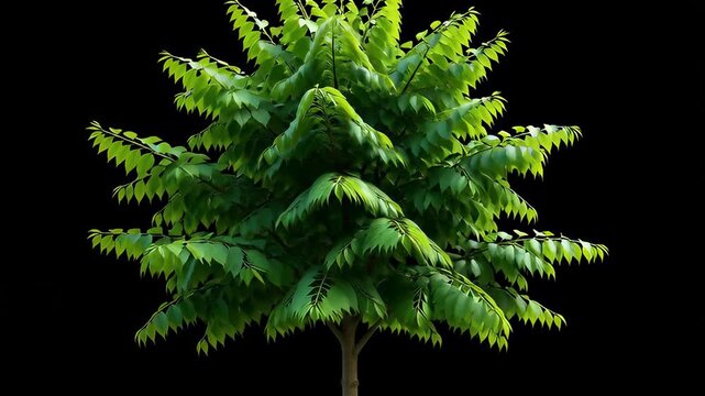 Vibrant green Tilia tree swaying in the wind isolated on a black background, showcasing lush foliage for nature and ecology concepts