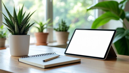 Blank tablet on a wooden desk with plants and notebook in bright natural light, perfect for digital mockups, workspace branding, remote work, and modern lifestyle concepts.