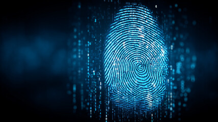 A digital fingerprint scan interface illustrating identity verification, biometric security and data protection technology.
