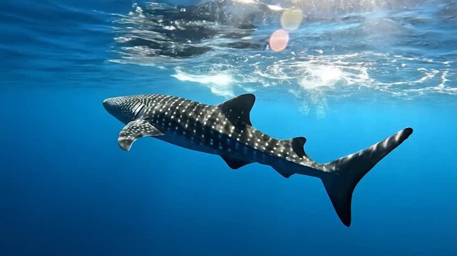 Giant whale shark swimming underwater in clear blue ocean waters with sunlight reflections