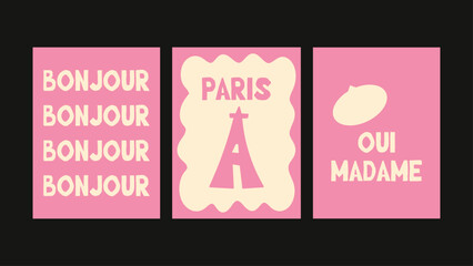 Pink set of three French typography posters with words Bonjour, Paris and Mon Ami. Cute modern lettering, romantic Paris vibe, perfect for wall art, decor and gift design.