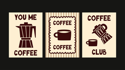 Set of 3 coffee posters in modern European cafe style. Cute doodle illustrations, cozy coffee vibes, hand drawn elements and playful typography for kitchen, cafe wall art and decor.