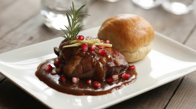 A traditional dish of Andorra. Magret de ainec amb pomes i panses (Duck breast in sweet and sour sauce) with raisins, apples and puff pastry bun.