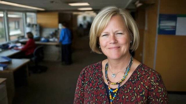 Smiling woman office portrait wearing patterned blouse and layered colorful necklace warm friendly