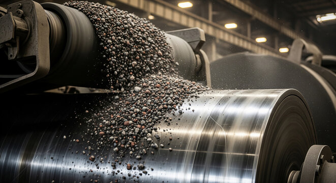 Crushed iron ore moves on a conveyor belt to be separated by a magnetic drum in an industrial setting