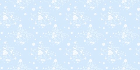 Delicate seamless pattern featuring white outline holly branches with berries and leaves on a soft light blue background