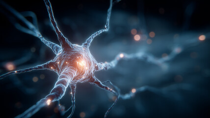 A neural network concept visualizing a human neuron with electrical connections representing brain activity and artificial intelligence inspiration.
