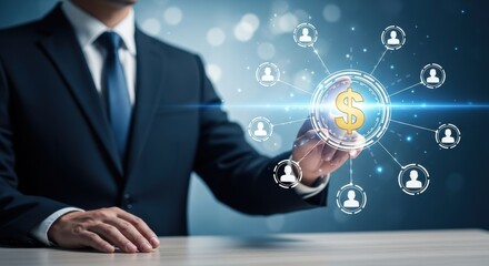 Businessman touches holographic dollar sign network representing global financial growth and digital wealth management strategy