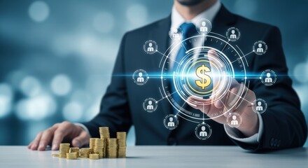 Businessman touching virtual dollar sign connecting global financial network with stacks of gold coins symbolizing wealth and investment strategy