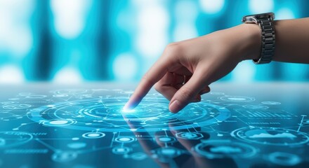 Person touching glowing blue holographic screen initiating global data transfer and secure technology network activation
