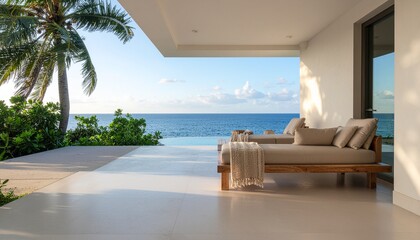 Luxury oceanfront terrace with modern lounge seating, palm trees, and sea view, bathed in warm sunlight, perfect for resort lifestyle concepts, vacation homes, and upscale outdoor design.