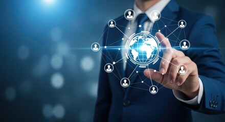Global business connectivity concept with a professional activating a futuristic social network sphere on a dark blue background