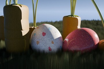 3d render of cheerful easter eggs and carrots in grassy field