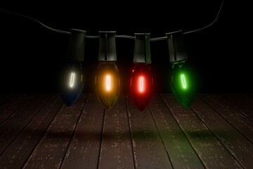 3d render of lit up christmas bulbs hanging over worn wood planks