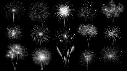 Black background with 15 digitally illustrated white fireworks of varying shapes and sizes, resembling exploding stars