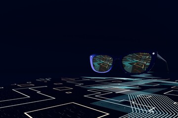 3d render of glasses with ai circuits showing in lenses