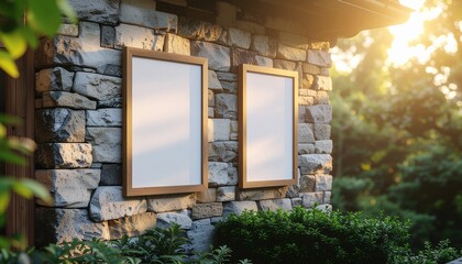 Stone wall exterior with two blank poster frames in a garden setting, lit by warm sunlight, ideal for outdoor advertising, branding mockups, architectural presentations, and rustic design concepts.