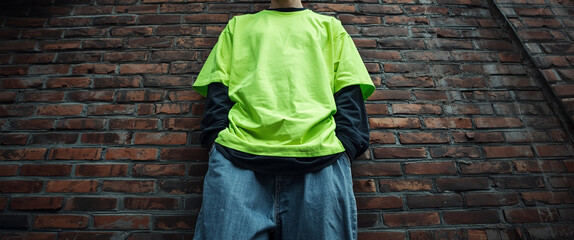 Mid-shot of a male model leaning against a brick wall, wearing a bright neon lime green oversized t-shirt layered over a black long-sleeved shirt. He wears baggy denim jeans. The camera