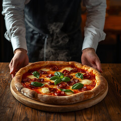 Close up view of a male waiter's hands placing a gourmet wood-fired pizza on a rustic wooden table. He wears a crisp white long-sleeved shirt and a black apron. The pizza features fresh