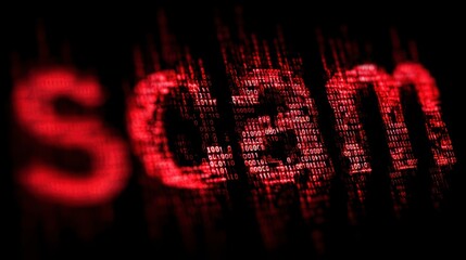 Bold red word "scam" appears to be constructed of binary code, set against a blurred black background. The text is slightly angled, suggesting depth
