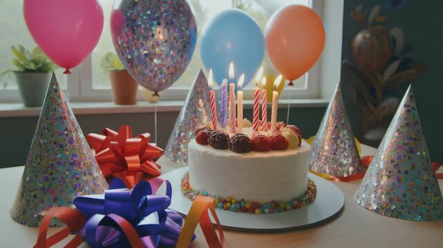 A festive birthday setup with a white cake, colorful balloons, and party hats on a table indoors.